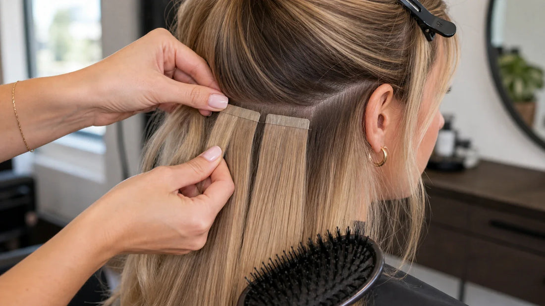 Stylist carefully placing a tape-in extension weft near the nape of blonde hair to protect the natural hair at the root
