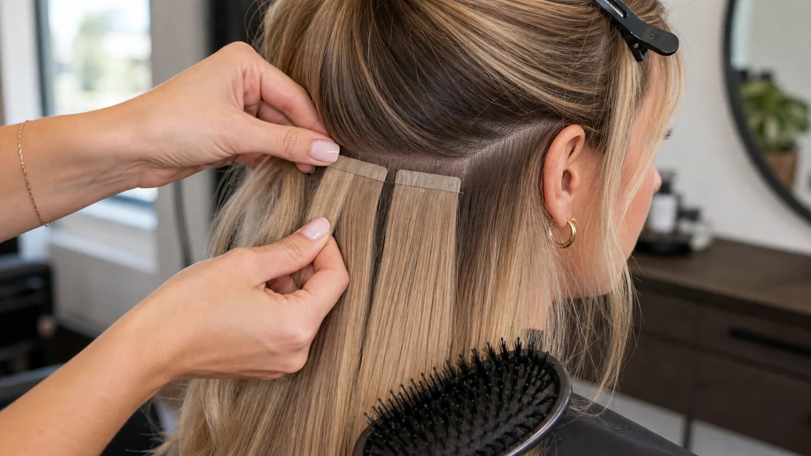 Stylist carefully placing a tape-in extension weft near the nape of blonde hair to protect the natural hair at the root