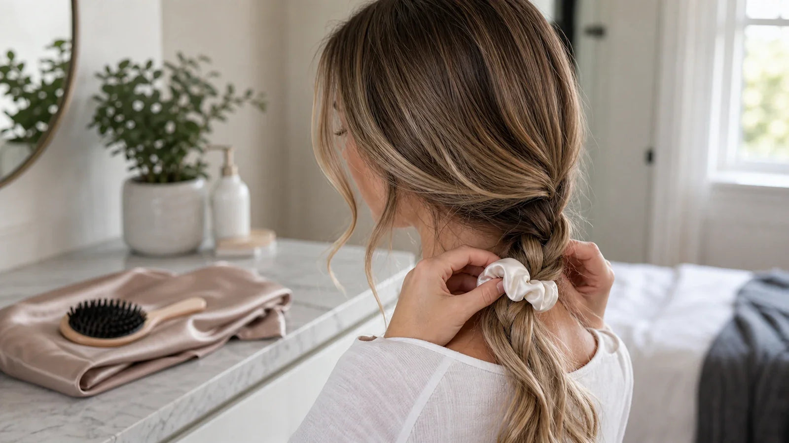 Woman securing long blonde hair extensions into a loose side braid with a soft scrunchie before sleeping, in a bedroom