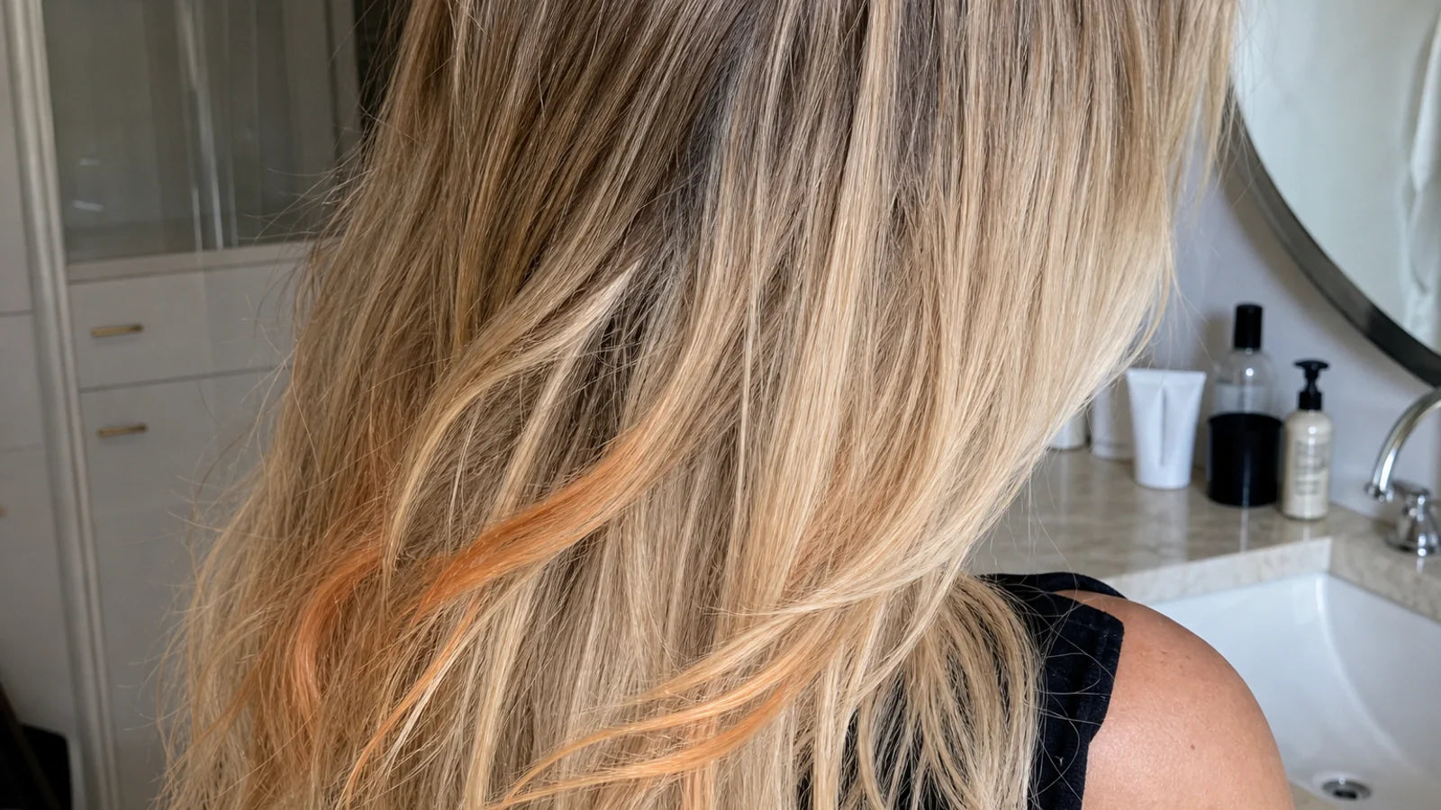 Back view of long blonde wavy hair extensions with orange and peach discoloration on the ends after sunscreen contact, in a daylight bathroom