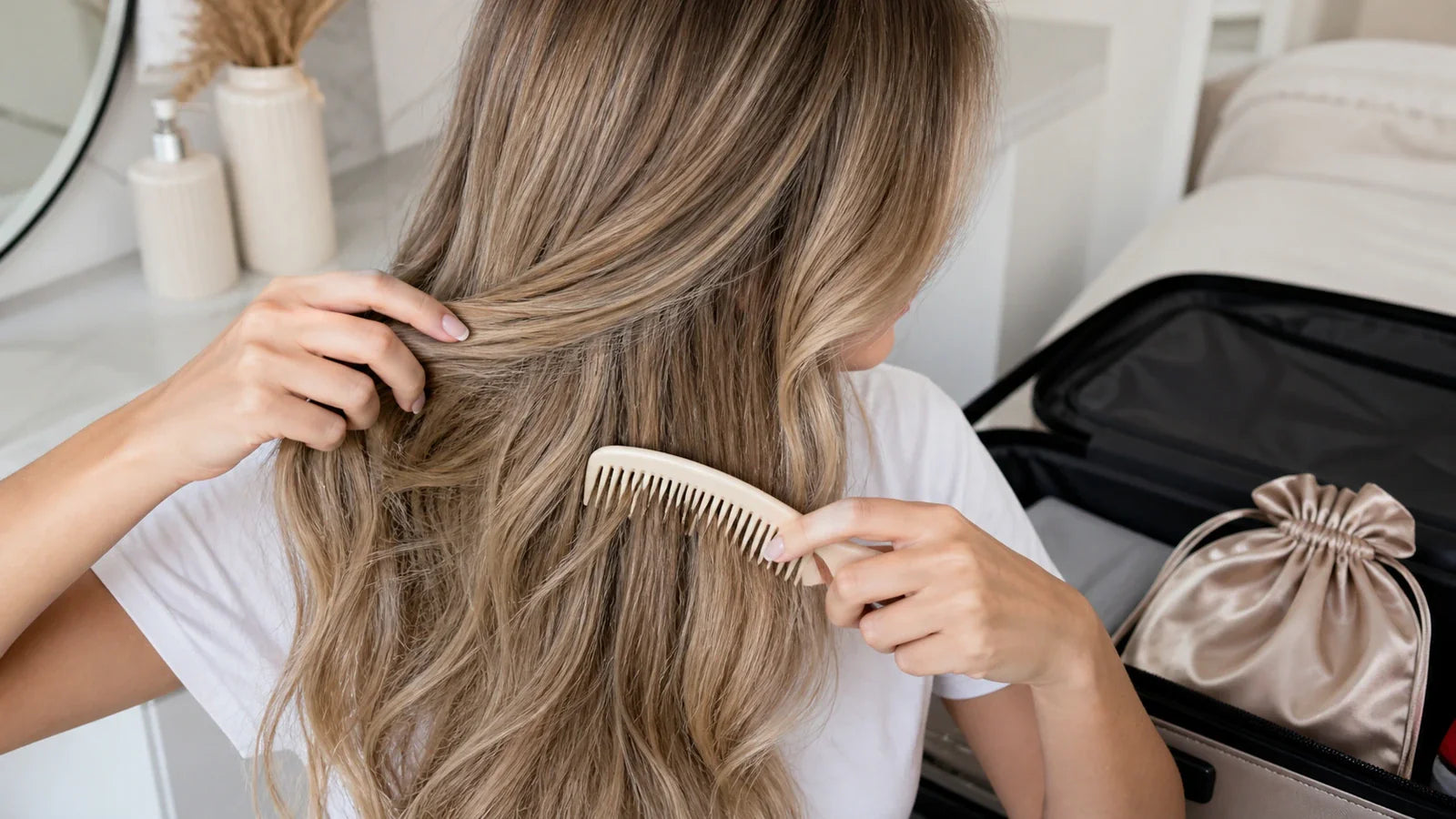 Woman combing loose wavy blonde hair extensions beside an open suitcase and satin storage pouch while packing to travel