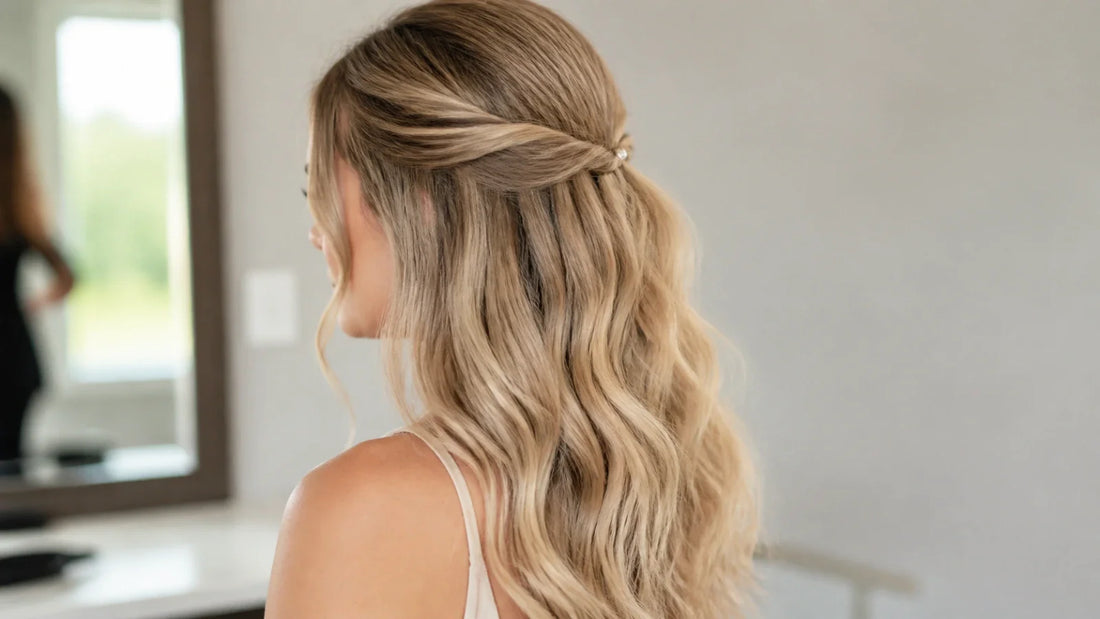 Blonde half-up wedding guest hairstyle with soft waves and a twisted crown, shown from behind in natural light