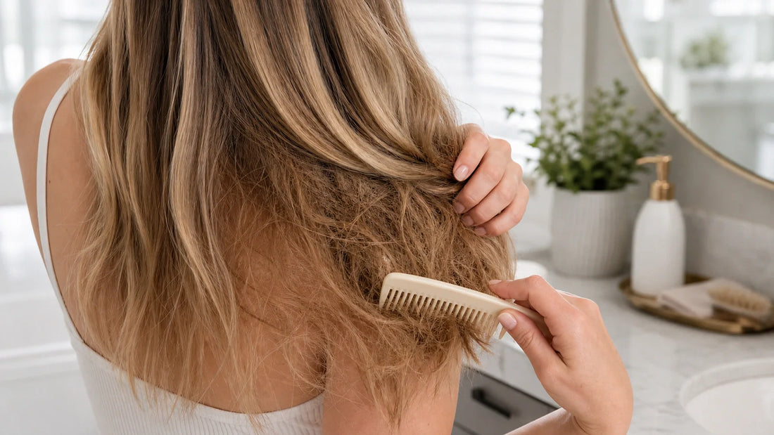Woman combing a tangled, matted section of long blonde hair extensions with a wooden comb in a bright bathroom